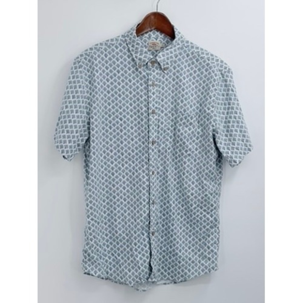 Faherty Mens Short Sleeve Hemp Lyocell Button Down Shirt Blue Fan Print